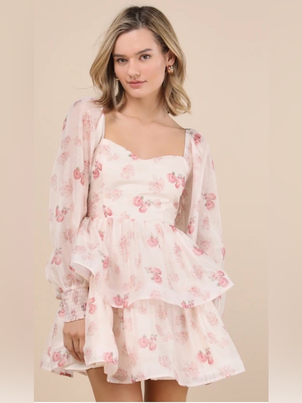 Lulus Exemplary Darling Blush Pink Floral Organza Tiered Mini Dress
